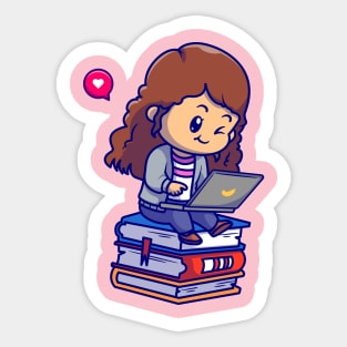 Cute Girl Playing Laptop On Book Cartoon Sticker
